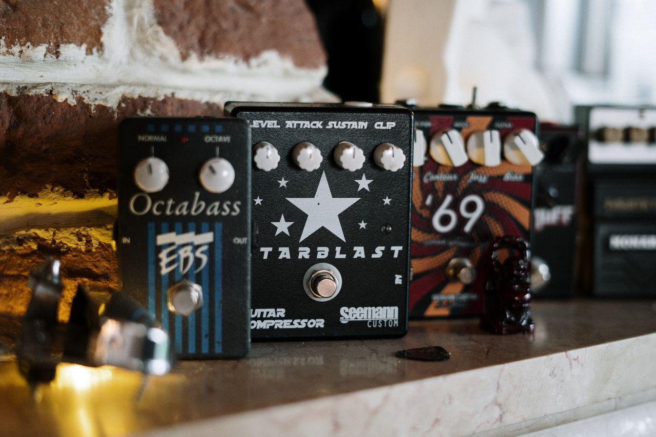 Offerings A detailed view of various guitar pedals, perfect for music lovers and musicians.