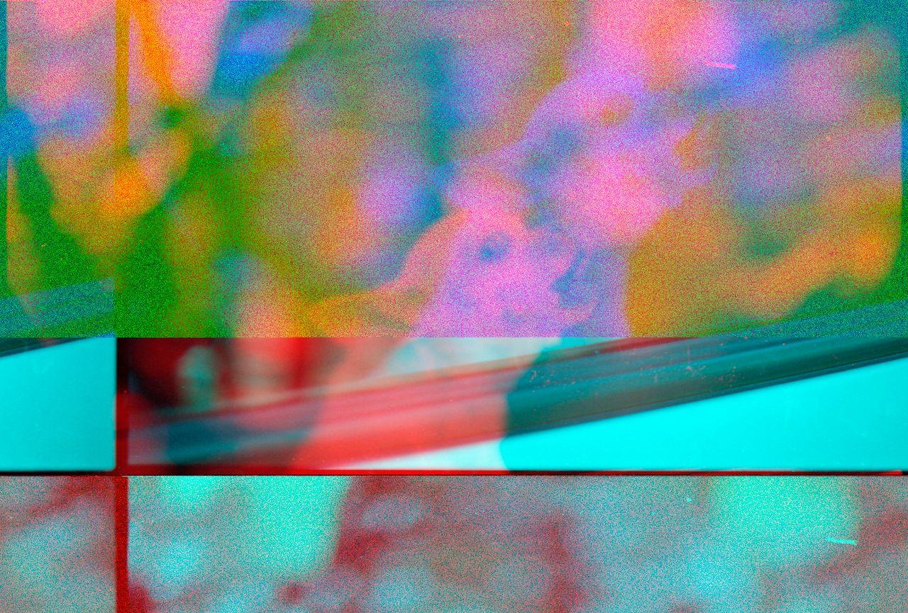 Offerings Colorful abstract art featuring retro overlays and glitch patterns.